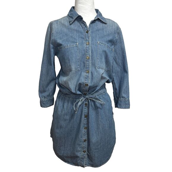 Attention Dresses & Skirts - Denim Mini Shirt Dress Womens L Drawstring Waist Western Coastal Cowgirl Pockets